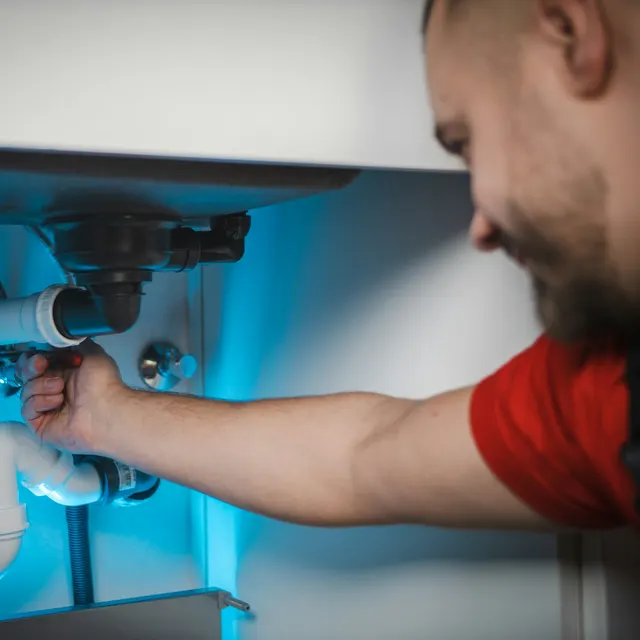 Plumber fixing the waste pipe under a basin